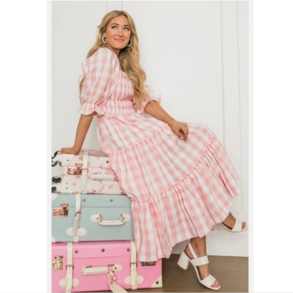 Ivy City Co Mia Gingham Plaid Puff Sleeve Square Neck Smocked Tiered Midi Dress